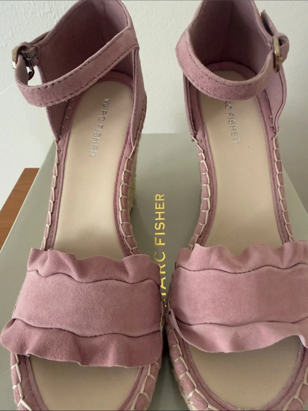 Marc Fisher Pink Suede Ruffle Espadrille Wedge Sandals